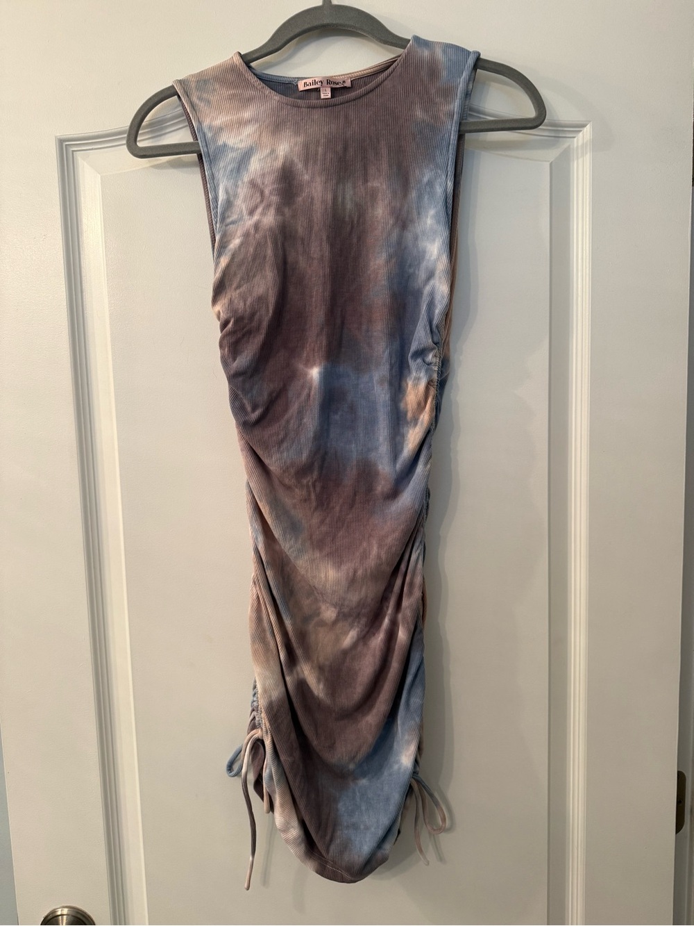 Bailey Rose Blue and Brown Tie-Dye Ruched Dress